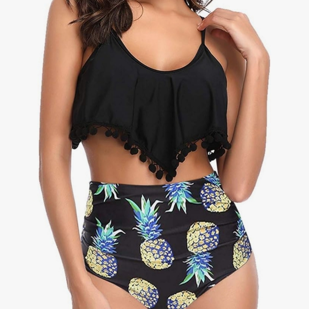 Black Pom-Pom and Pineapple Print Swim Suit Separates